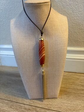 Chico’s Orange Agate Pendant Necklace with Gold Tassel